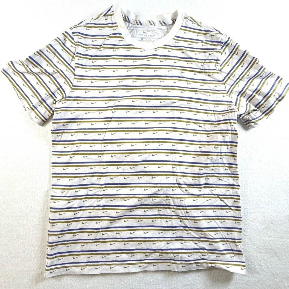 Nike T-Shirt Mens XL Striped All Over Print Swoosh Logo White Blue‎ Olive
